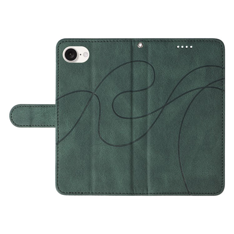 For iPhone 16e Case Curved Line Imprinted PU Leather Wallet Phone Cover - Green