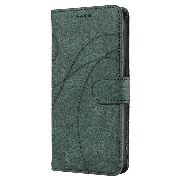 For iPhone 16e Case Curved Line Imprinted PU Leather Wallet Phone Cover - Green