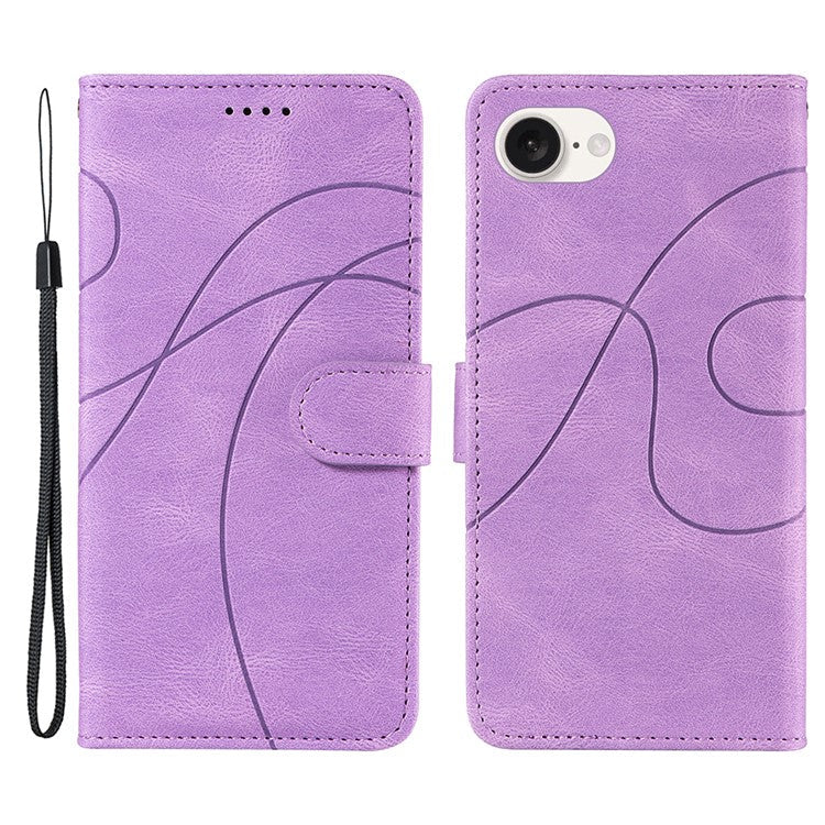 For iPhone 16e Case Curved Line Imprinted PU Leather Wallet Phone Cover - Light Purple