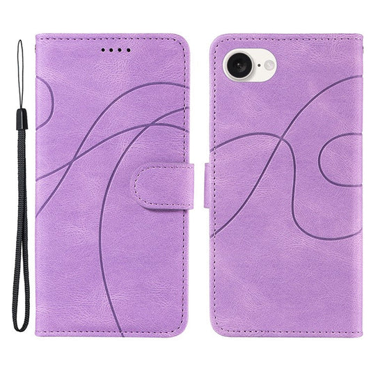 For iPhone 16e Case Curved Line Imprinted PU Leather Wallet Phone Cover - Light Purple