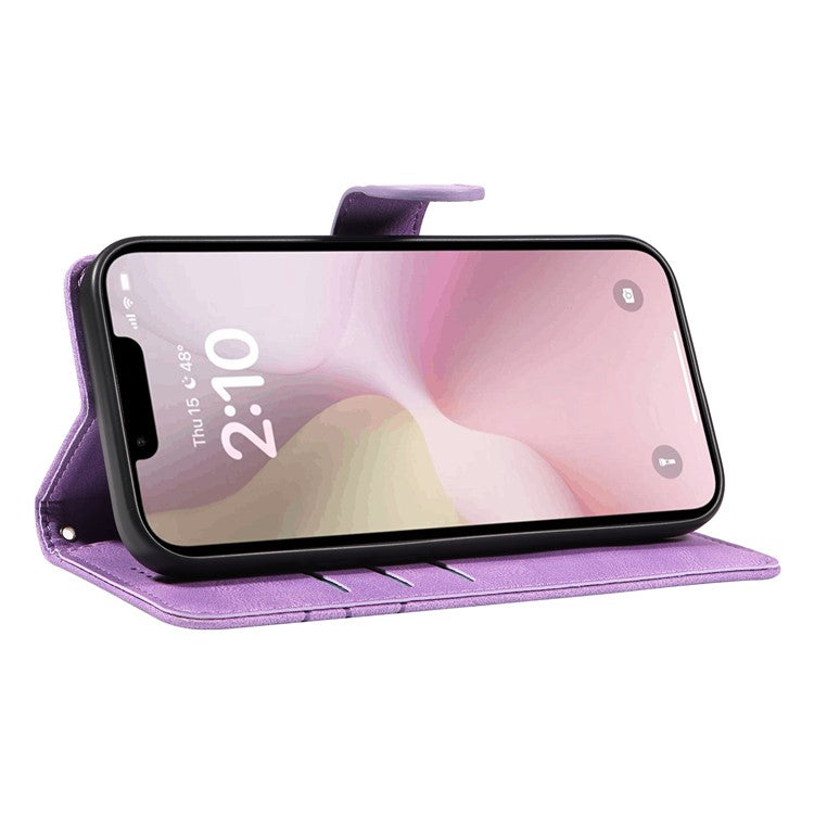 For iPhone 16e Case Curved Line Imprinted PU Leather Wallet Phone Cover - Light Purple