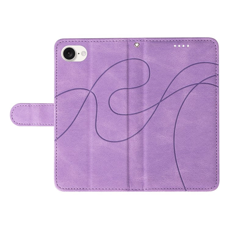 For iPhone 16e Case Curved Line Imprinted PU Leather Wallet Phone Cover - Light Purple
