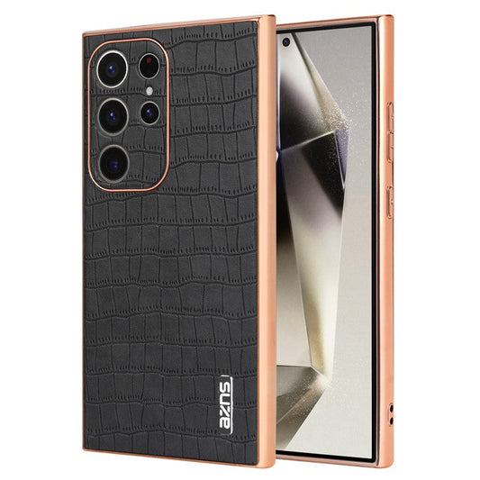 AZNS For Samsung Galaxy S23 Ultra Case Electroplated Crocodile Texture Leather+TPU Phone Cover - Black