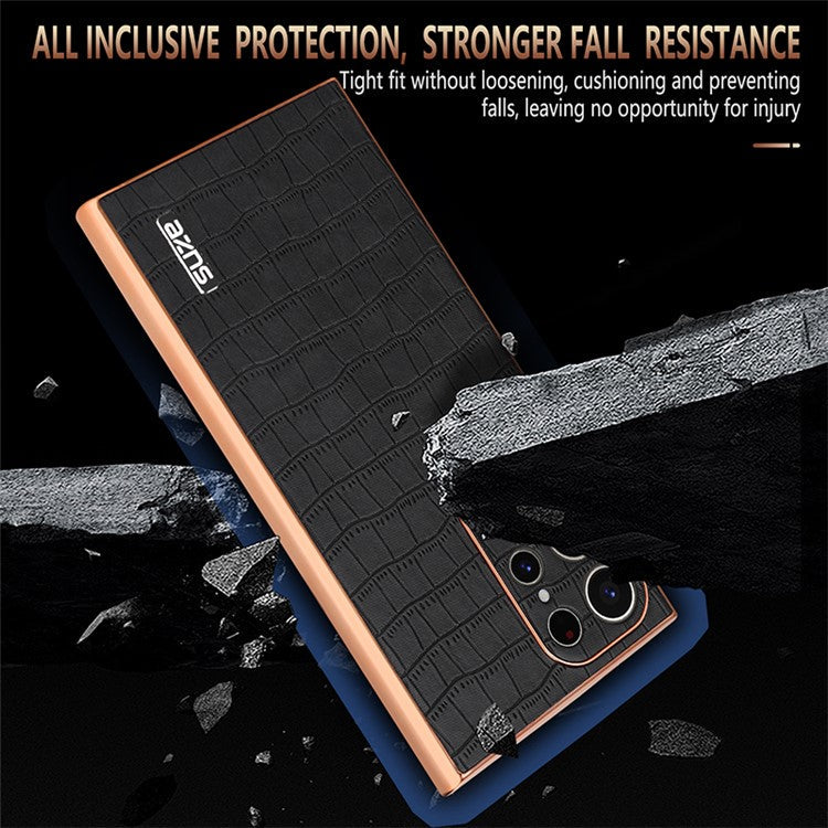 AZNS For Samsung Galaxy S23 Ultra Case Electroplated Crocodile Texture Leather+TPU Phone Cover - Black