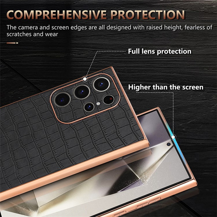 AZNS For Samsung Galaxy S23 Ultra Case Electroplated Crocodile Texture Leather+TPU Phone Cover - Black