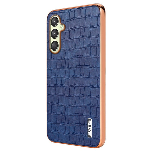 AZNS For Samsung Galaxy M14 5G Case Electroplating Crocodile Texture Leather Coated TPU Phone Cover - Blue