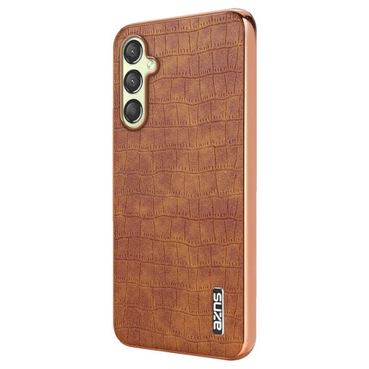 AZNS For Samsung Galaxy M14 5G Case Electroplating Crocodile Texture Leather Coated TPU Phone Cover - Brown