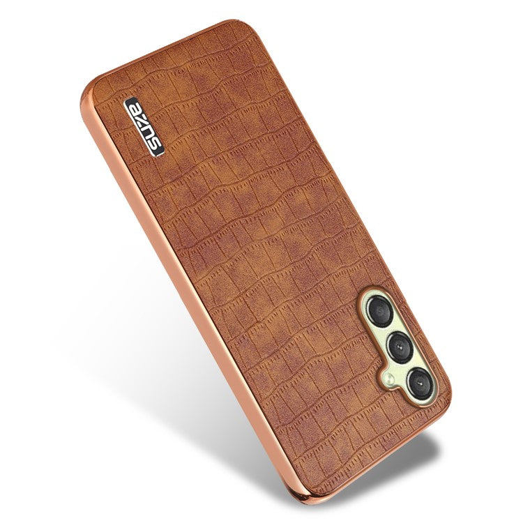 AZNS For Samsung Galaxy M14 5G Case Electroplating Crocodile Texture Leather Coated TPU Phone Cover - Brown