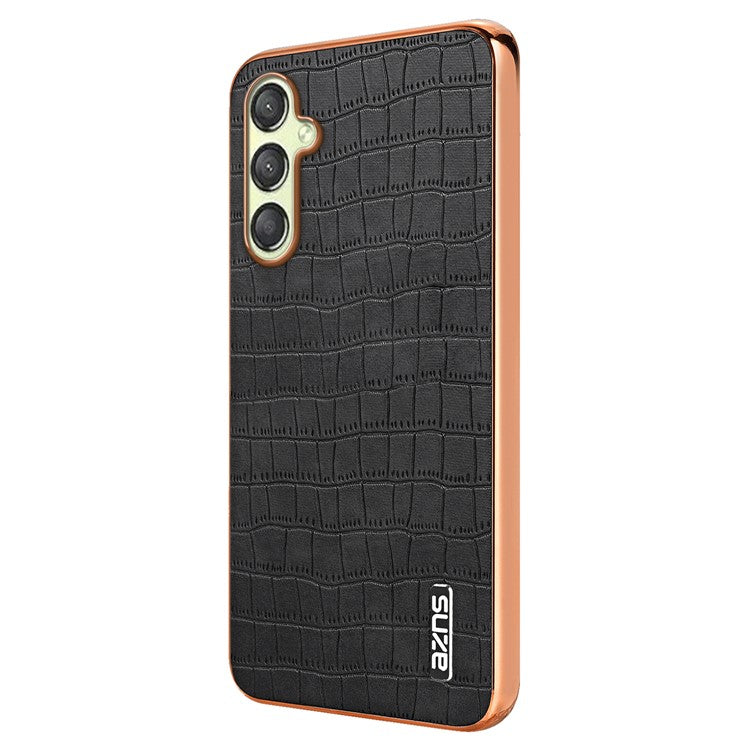 AZNS For Samsung Galaxy M14 5G Case Electroplating Crocodile Texture Leather Coated TPU Phone Cover - Black