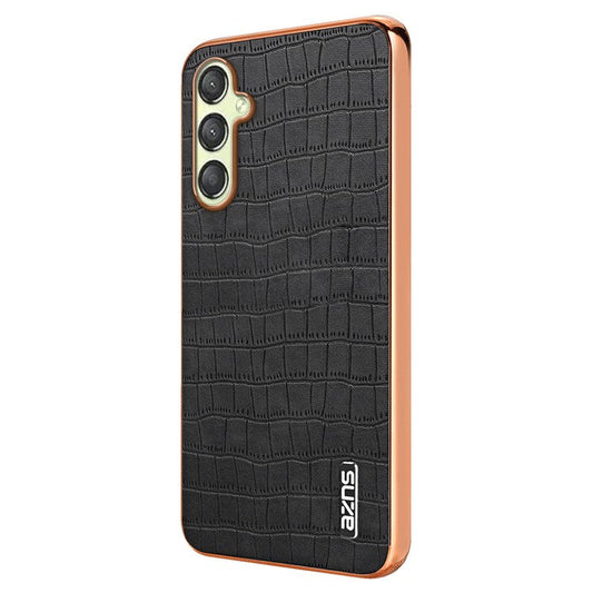 AZNS For Samsung Galaxy M14 5G Case Electroplating Crocodile Texture Leather Coated TPU Phone Cover - Black