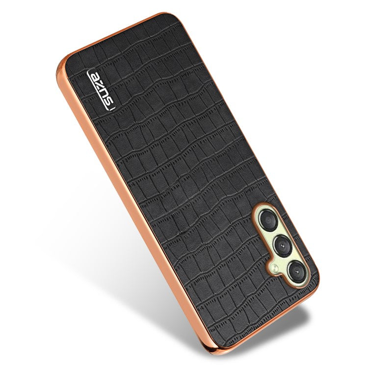 AZNS For Samsung Galaxy M14 5G Case Electroplating Crocodile Texture Leather Coated TPU Phone Cover - Black