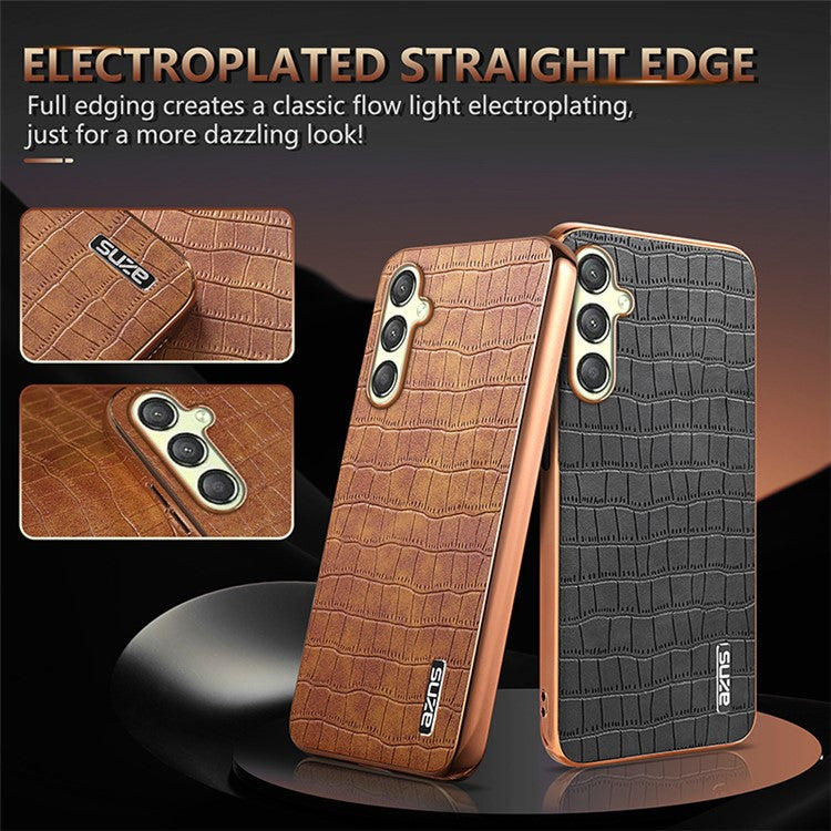 AZNS For Samsung Galaxy M14 5G Case Electroplating Crocodile Texture Leather Coated TPU Phone Cover - Black
