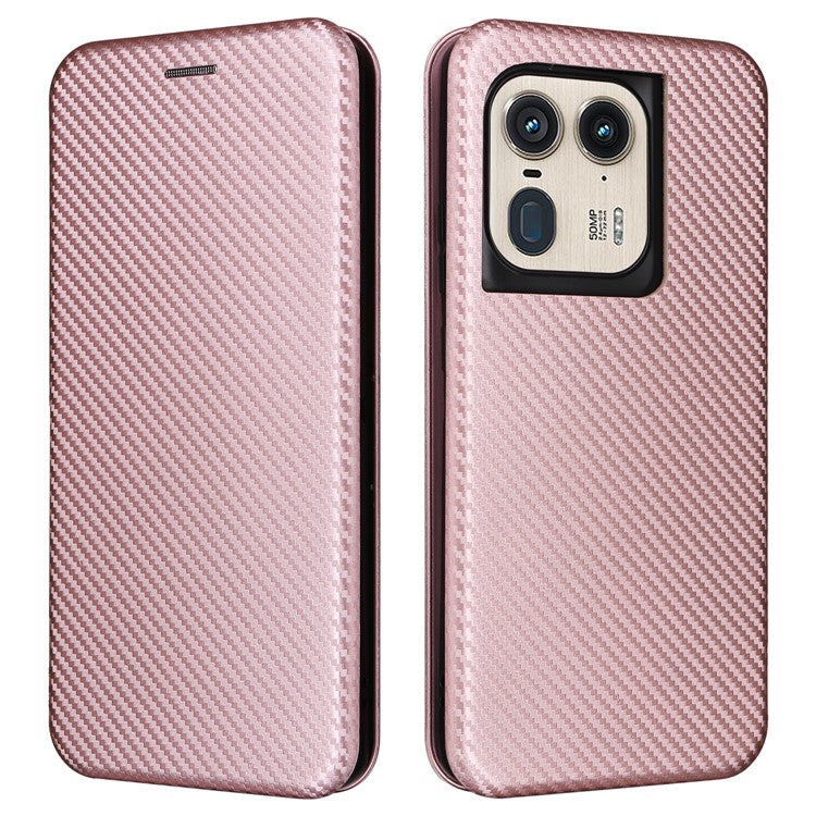 For Motorola Edge 50 Ultra 5G / Moto X50 Ultra 5G Mobile Phone Case Card Slots Carbon Fiber Texture Leather Phone Stand Cover - Rose Gold