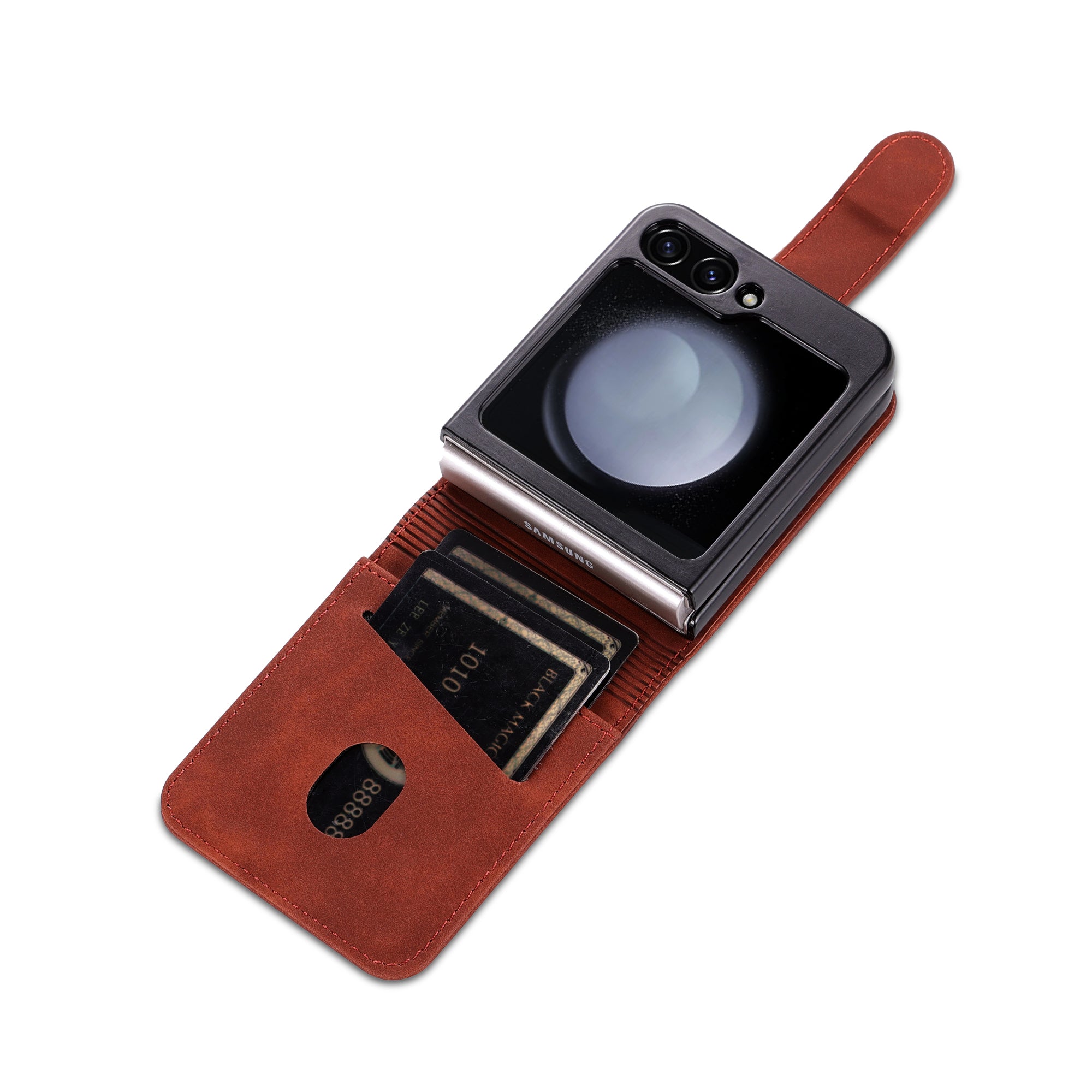 AZNS For Samsung Galaxy Z Flip6 5G Case Ultra Thin Leather Phone Cover with Card Holder - Brown