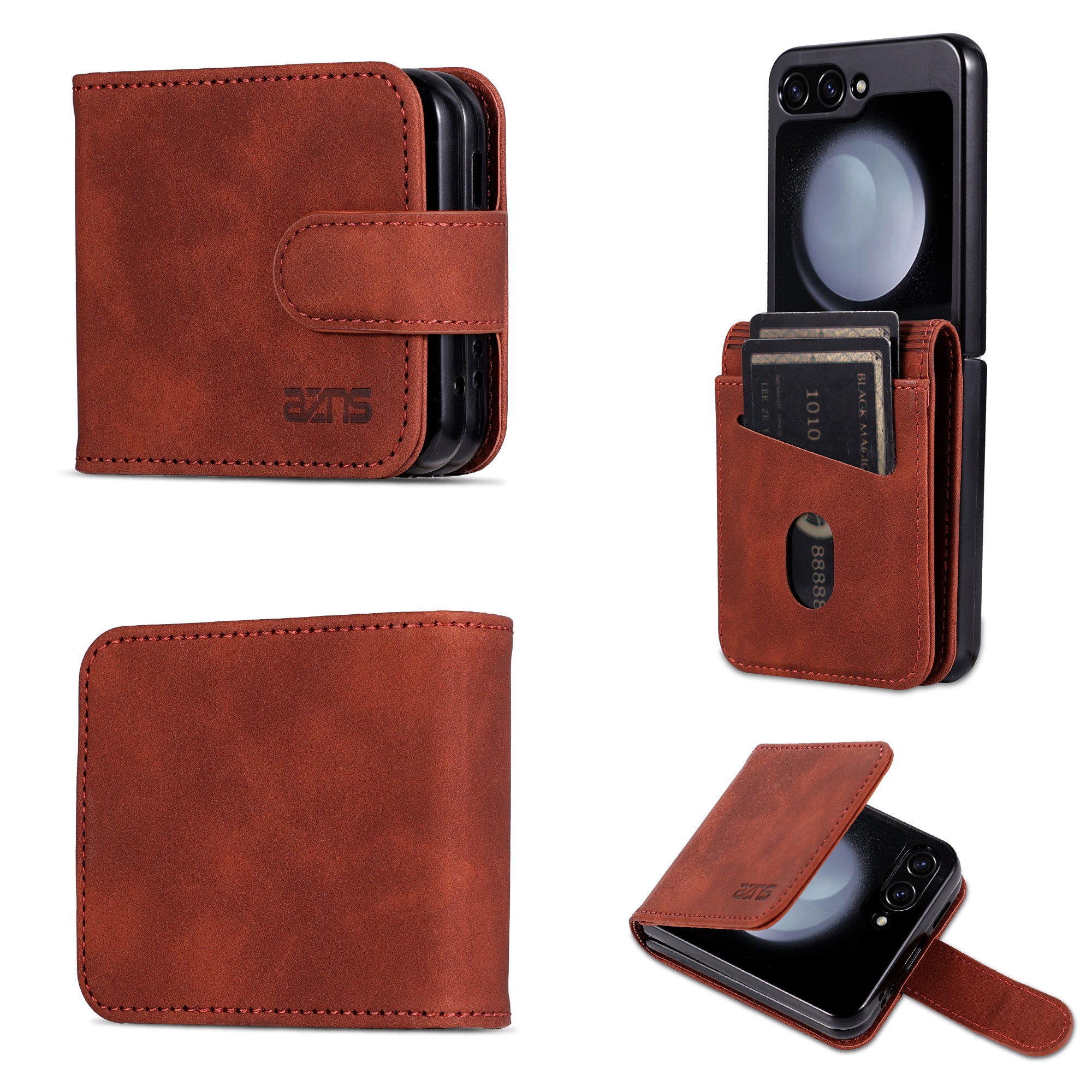 AZNS For Samsung Galaxy Z Flip6 5G Case Ultra Thin Leather Phone Cover with Card Holder - Brown