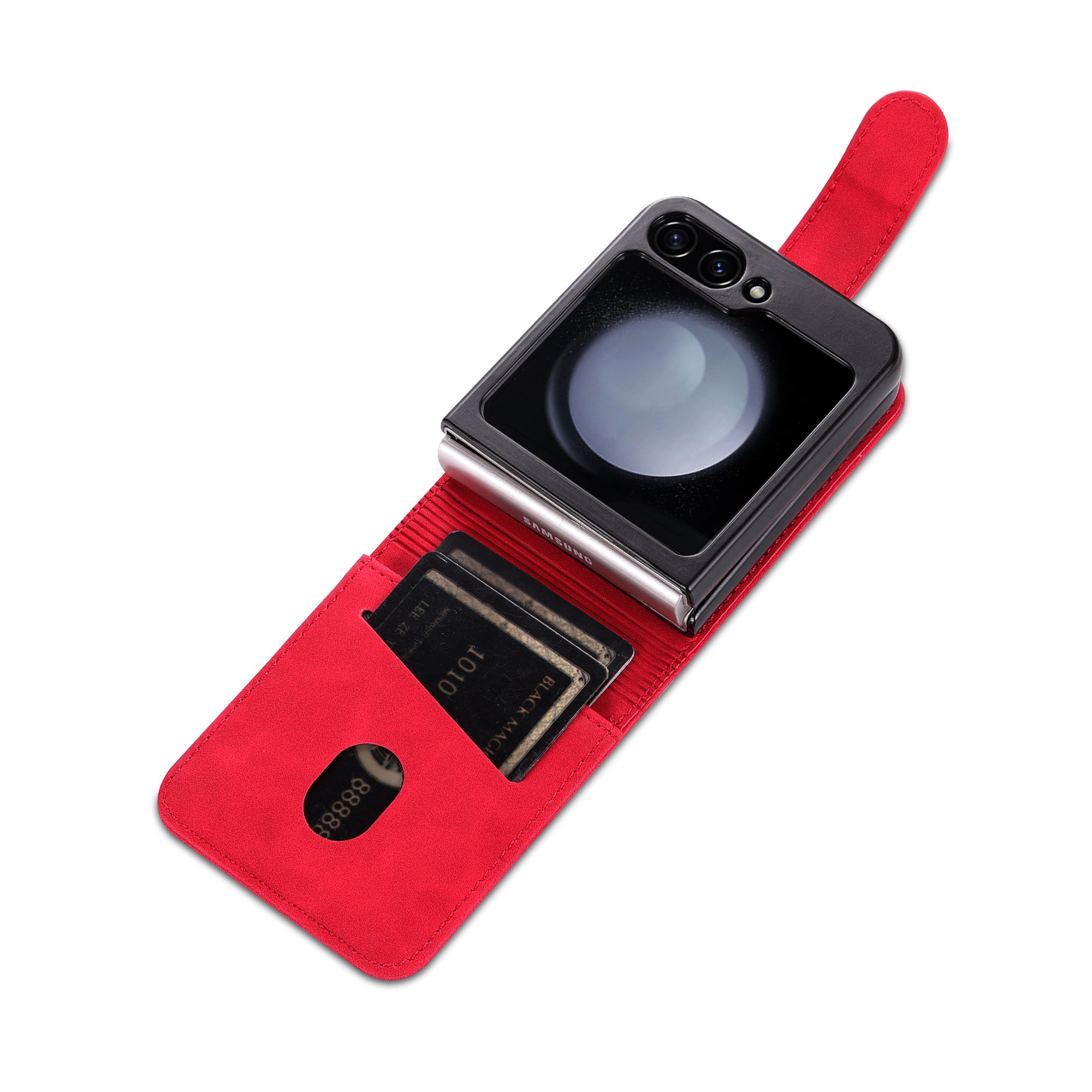 AZNS For Samsung Galaxy Z Flip6 5G Case Ultra Thin Leather Phone Cover with Card Holder - Red
