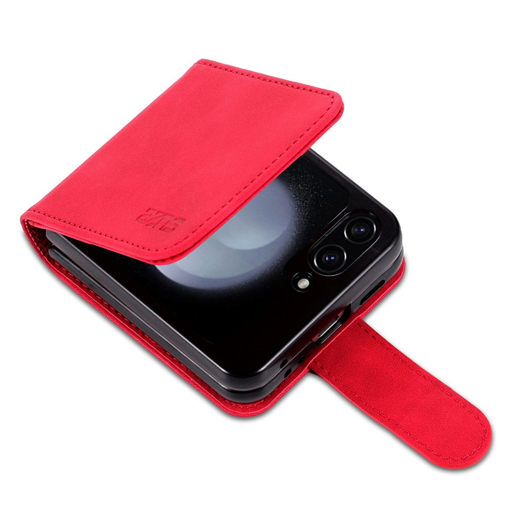 AZNS For Samsung Galaxy Z Flip7 FE 5G / Z Flip6 5G Case Ultra Thin Leather Phone Cover with Card Holder - Red