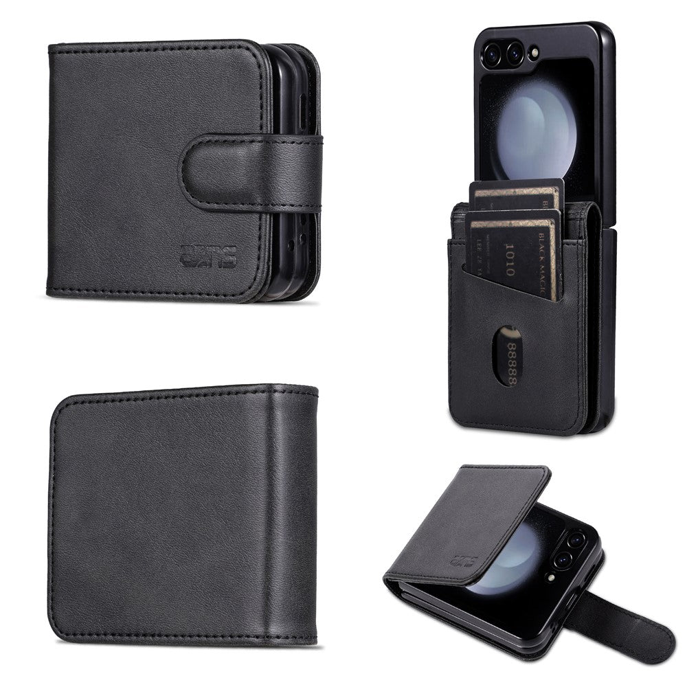 AZNS For Samsung Galaxy Z Flip7 FE 5G / Z Flip6 5G Case Ultra Thin Leather Phone Cover with Card Holder - Black