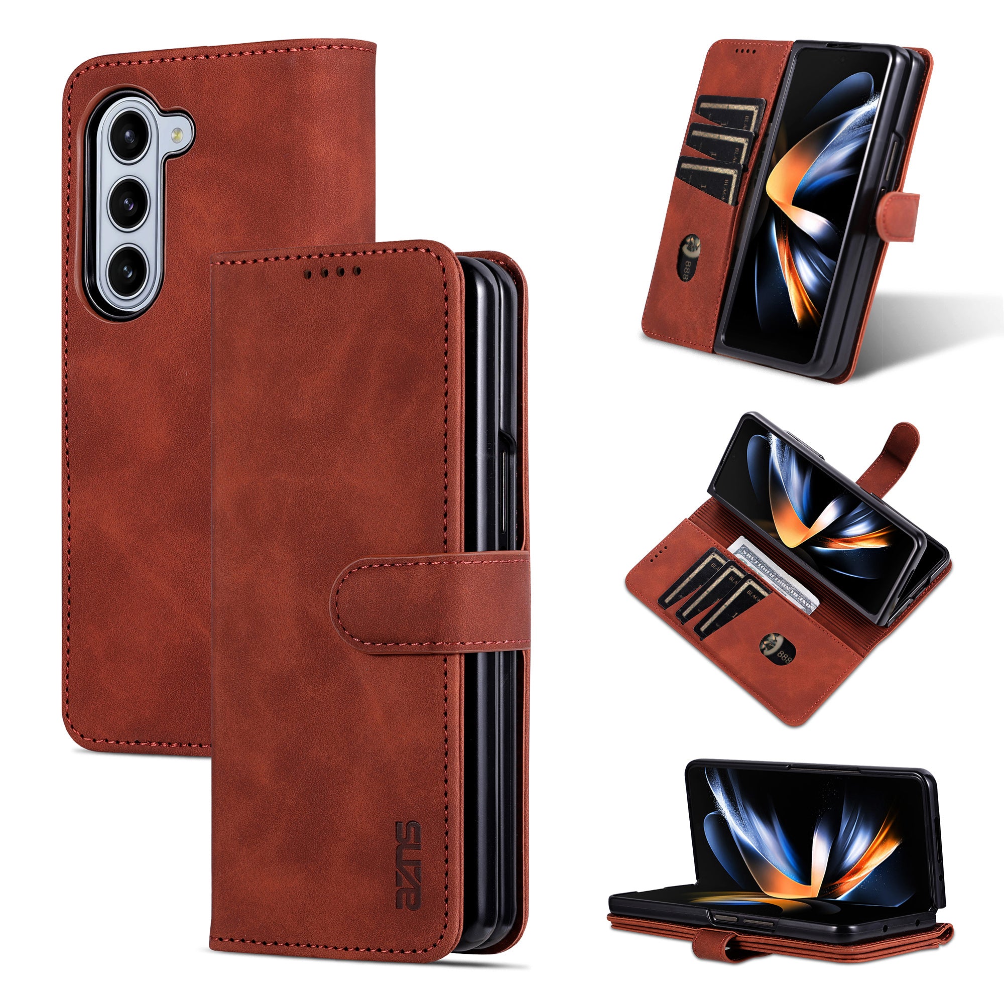 AZNS For Samsung Galaxy Z Fold6 5G Case PC Interior PU Leather Phone Cover Wallet - Brown