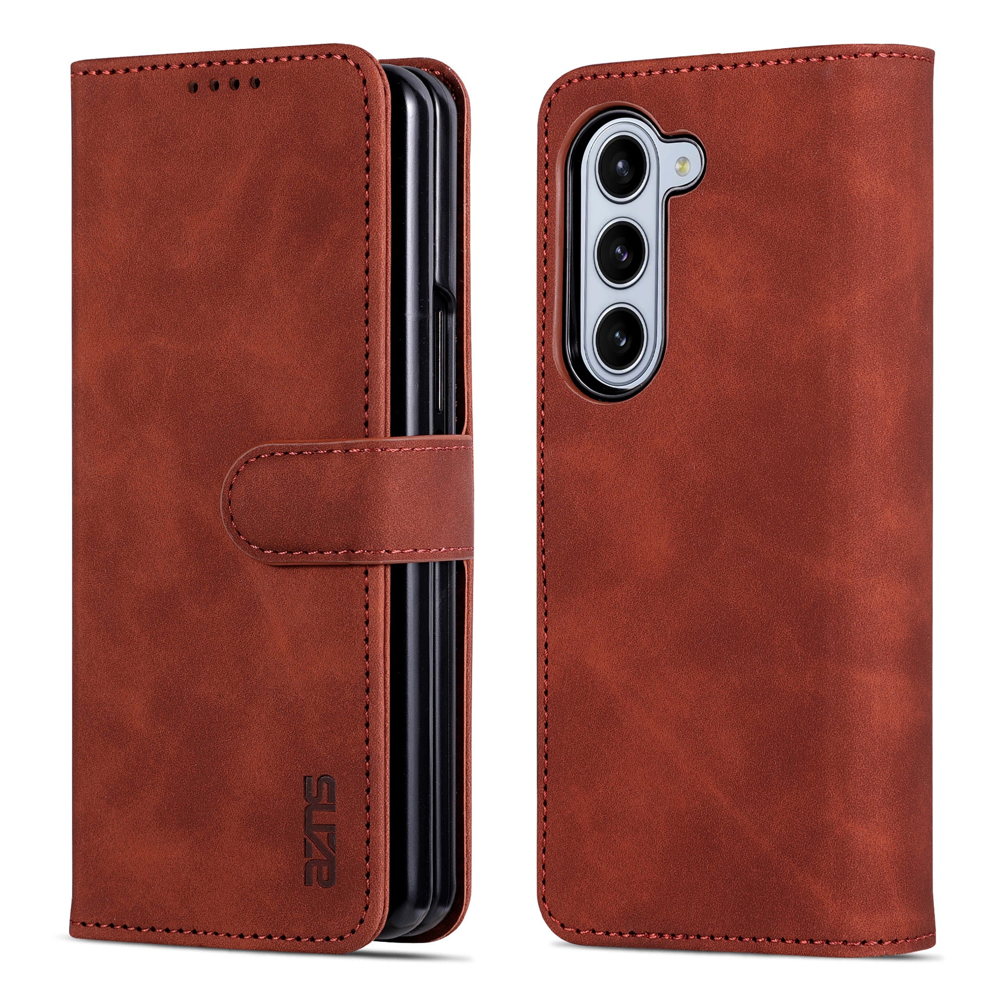 AZNS For Samsung Galaxy Z Fold6 5G Case PC Interior PU Leather Phone Cover Wallet - Brown