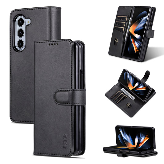 AZNS For Samsung Galaxy Z Fold6 5G Case PC Interior PU Leather Phone Cover Wallet - Black