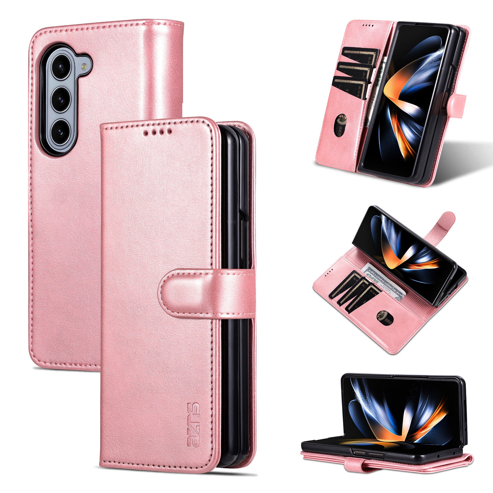 AZNS For Samsung Galaxy Z Fold6 5G Case PC Interior PU Leather Phone Cover Wallet - Rose Gold