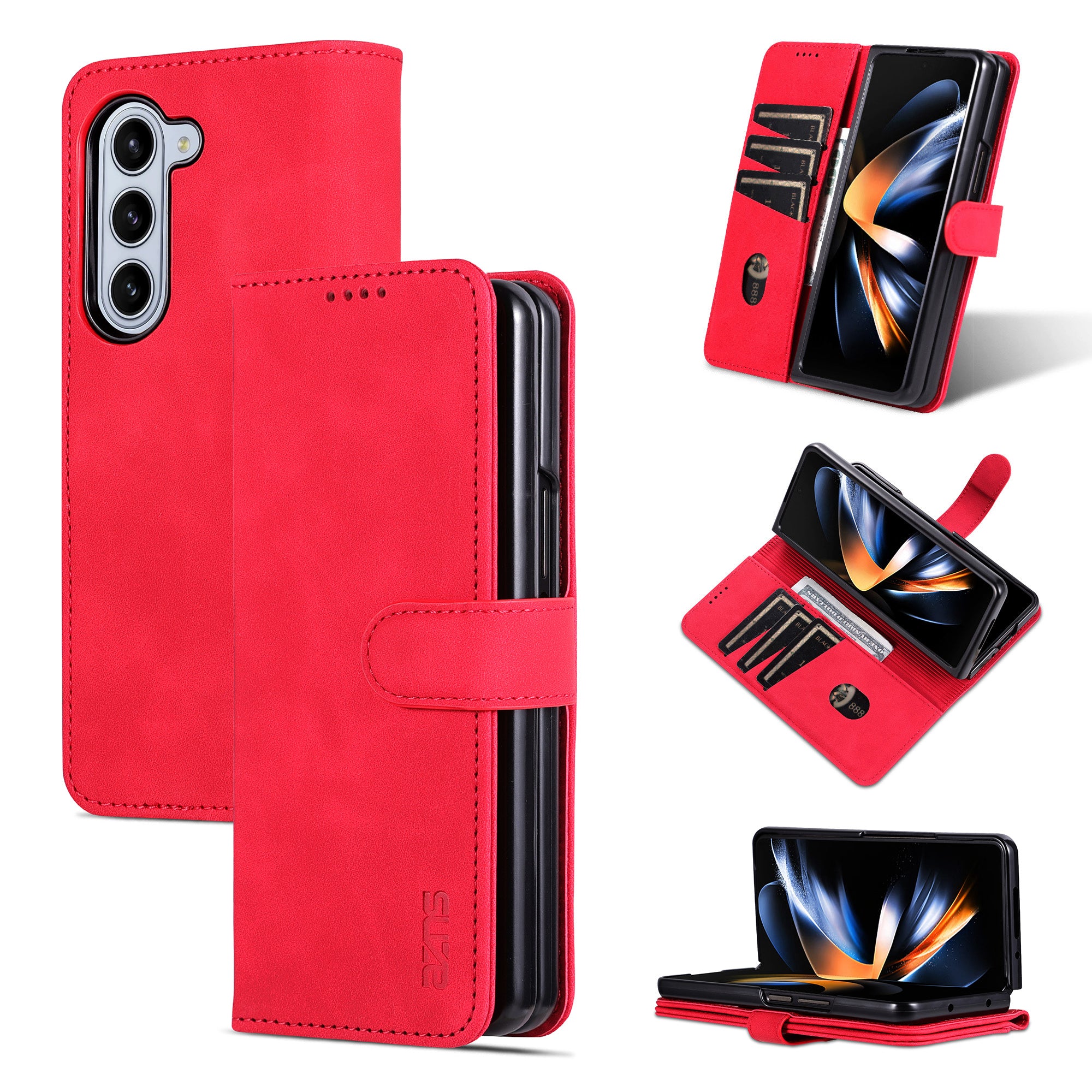 AZNS For Samsung Galaxy Z Fold6 5G Case PC Interior PU Leather Phone Cover Wallet - Red