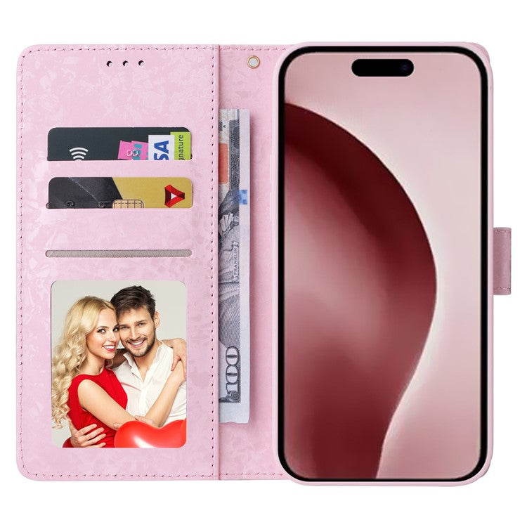 For iPhone 16 Pro Case Lacquered RFID Blocking Wallet PU Leather Stand Phone Cover - Rose Flower