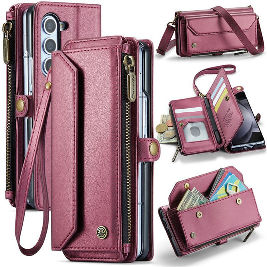 CASEME C36 Series For Samsung Galaxy Z Fold5 5G Case Zipper Leather Phone Bag with Pen Holder - Wine Red