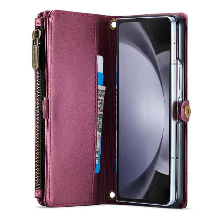 CASEME C36 Series For Samsung Galaxy Z Fold5 5G Case Zipper Leather Phone Bag with Pen Holder - Wine Red