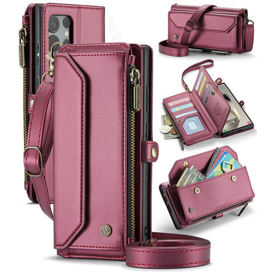 CASEME C36 Series For Samsung Galaxy S24 Ultra Case Leather Phone Bag with 10 Card Slots Wallet - Wine Red