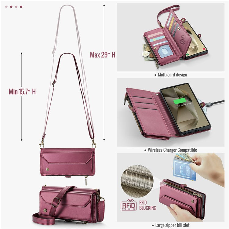 CASEME C36 Series For Samsung Galaxy S24 Ultra Case Leather Phone Bag with 10 Card Slots Wallet - Wine Red