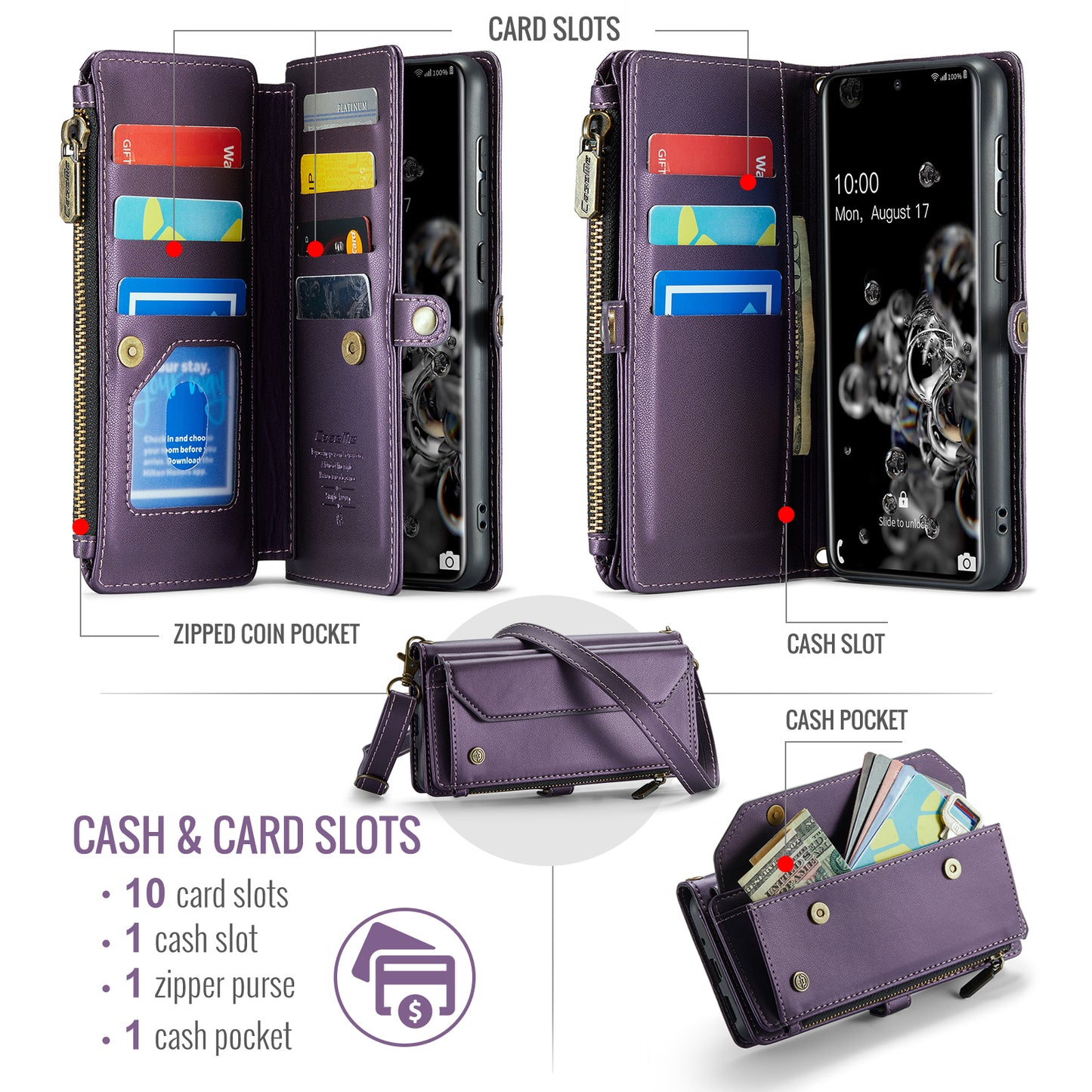 CASEME C36 Series For Samsung Galaxy S20 Ultra Case PU Leather Zipper Wallet Phone Cover - Purple