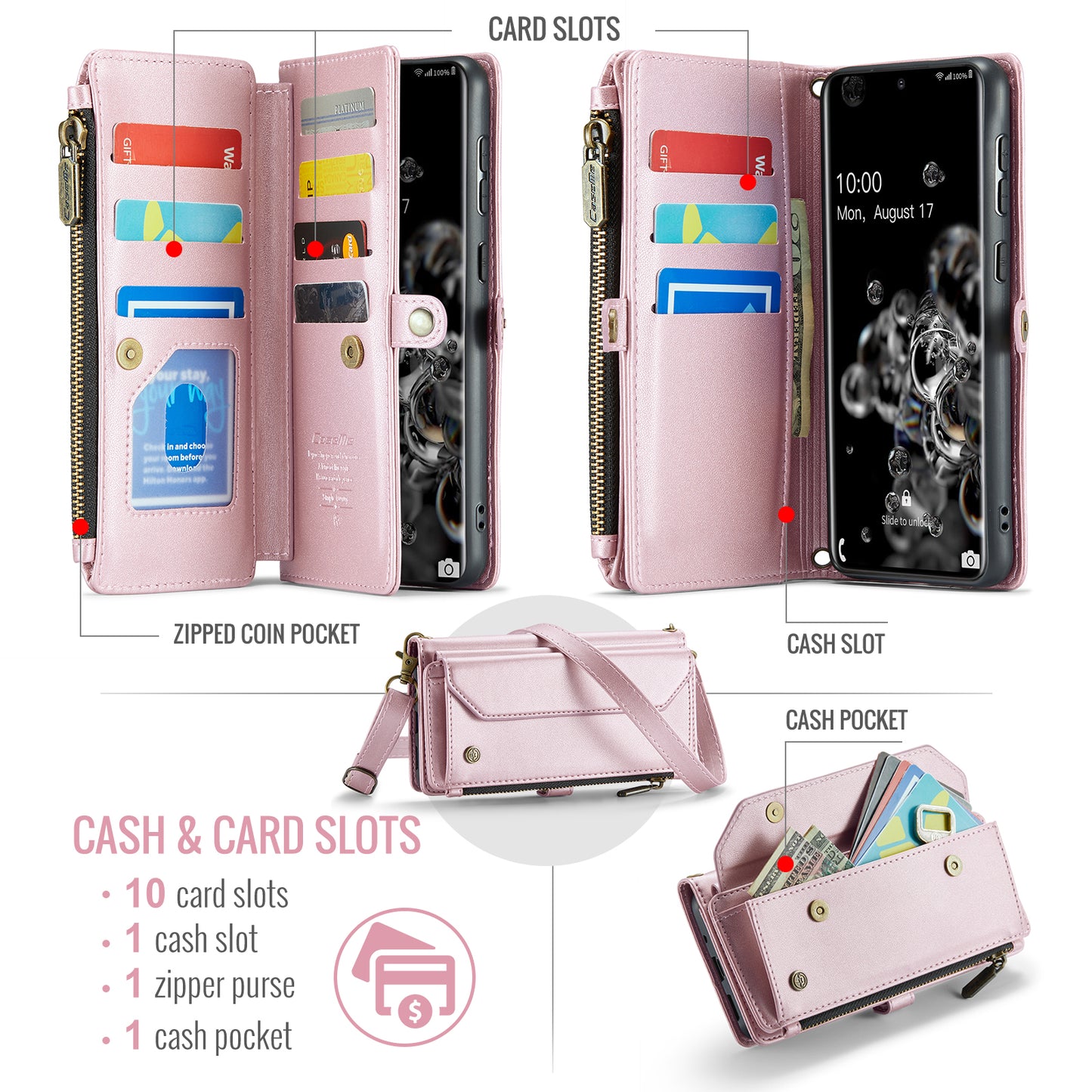 CASEME C36 Series For Samsung Galaxy S20 Ultra Case PU Leather Zipper Wallet Phone Cover - Pink