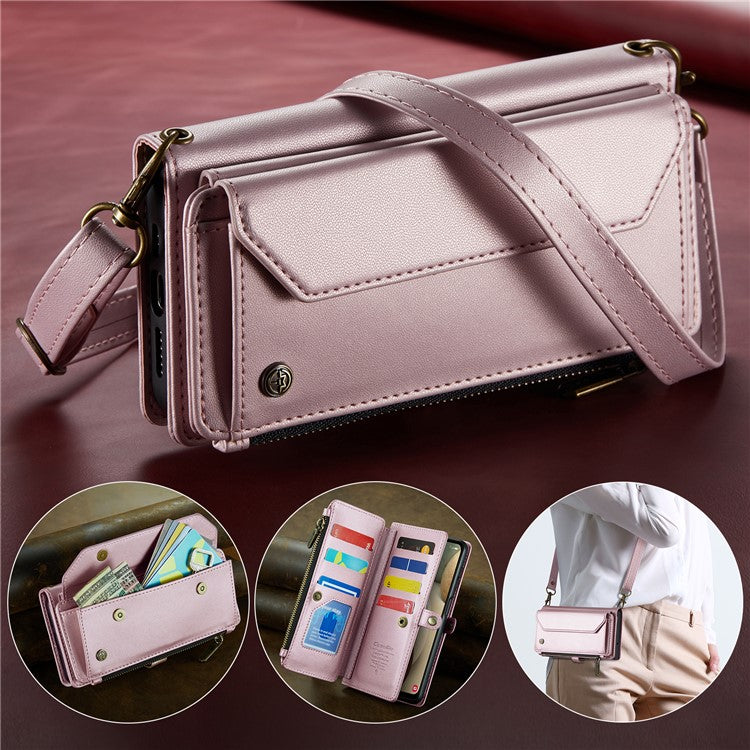 CASEME C36 Series For Samsung Galaxy A12 Case Leather Handbag Phone Cover Magnetic Closure Zipper Pocket - Pink