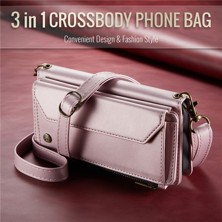 CASEME C36 Series For Samsung Galaxy A12 Case Leather Handbag Phone Cover Magnetic Closure Zipper Pocket - Pink