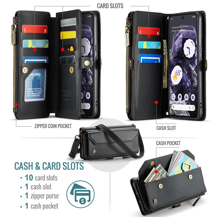 CASEME C36 Series For Google Pixel 8 Crossbody Case PU Leather Phone Cover Wallet RFID Blocking Protection - Black