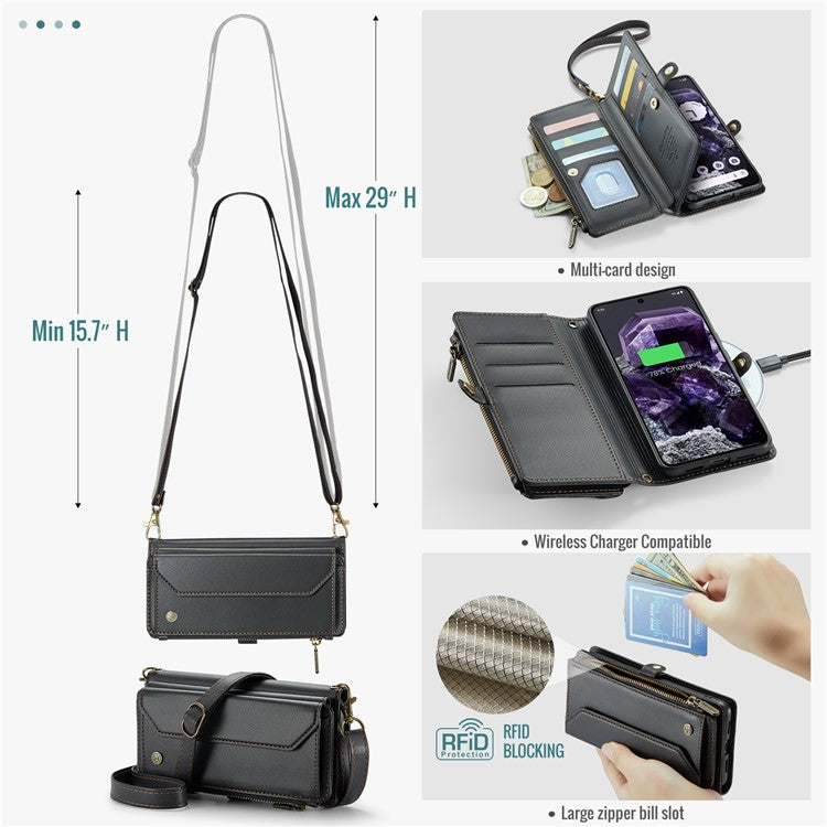CASEME C36 Series For Google Pixel 8 Crossbody Case PU Leather Phone Cover Wallet RFID Blocking Protection - Black