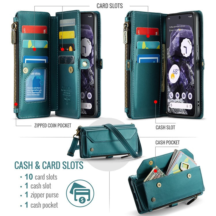 CASEME C36 Series For Google Pixel 8 Crossbody Case PU Leather Phone Cover Wallet RFID Blocking Protection - Green