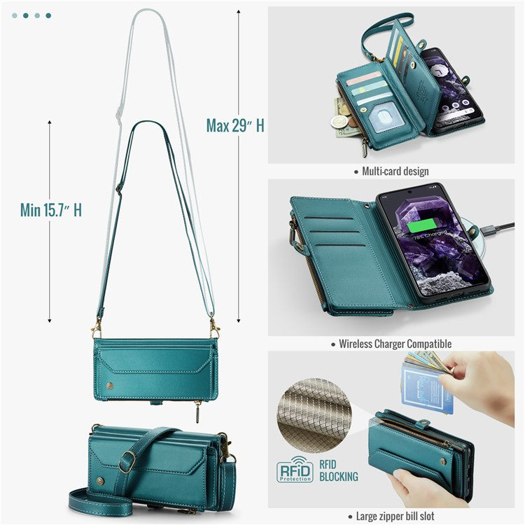 CASEME C36 Series For Google Pixel 8 Crossbody Case PU Leather Phone Cover Wallet RFID Blocking Protection - Green