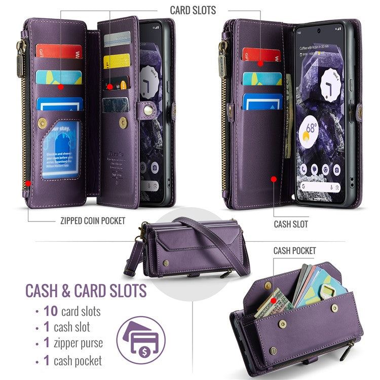 CASEME C36 Series For Google Pixel 8 Crossbody Case PU Leather Phone Cover Wallet RFID Blocking Protection - Purple