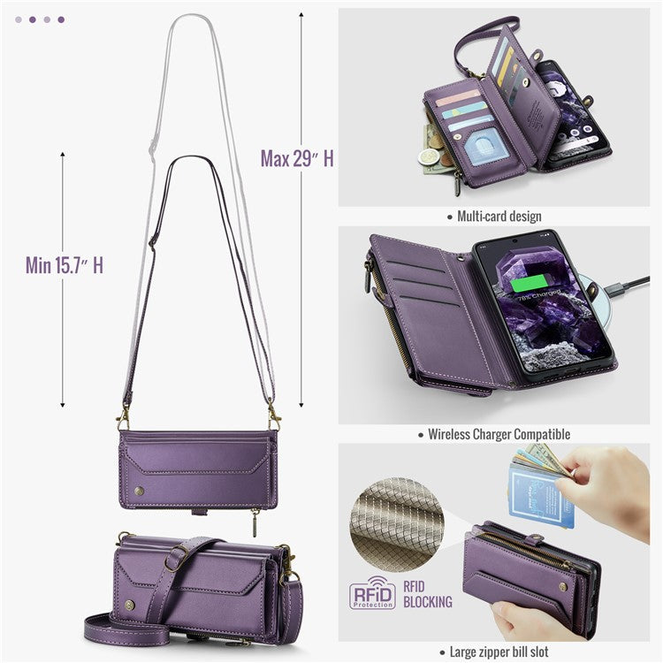 CASEME C36 Series For Google Pixel 8 Crossbody Case PU Leather Phone Cover Wallet RFID Blocking Protection - Purple