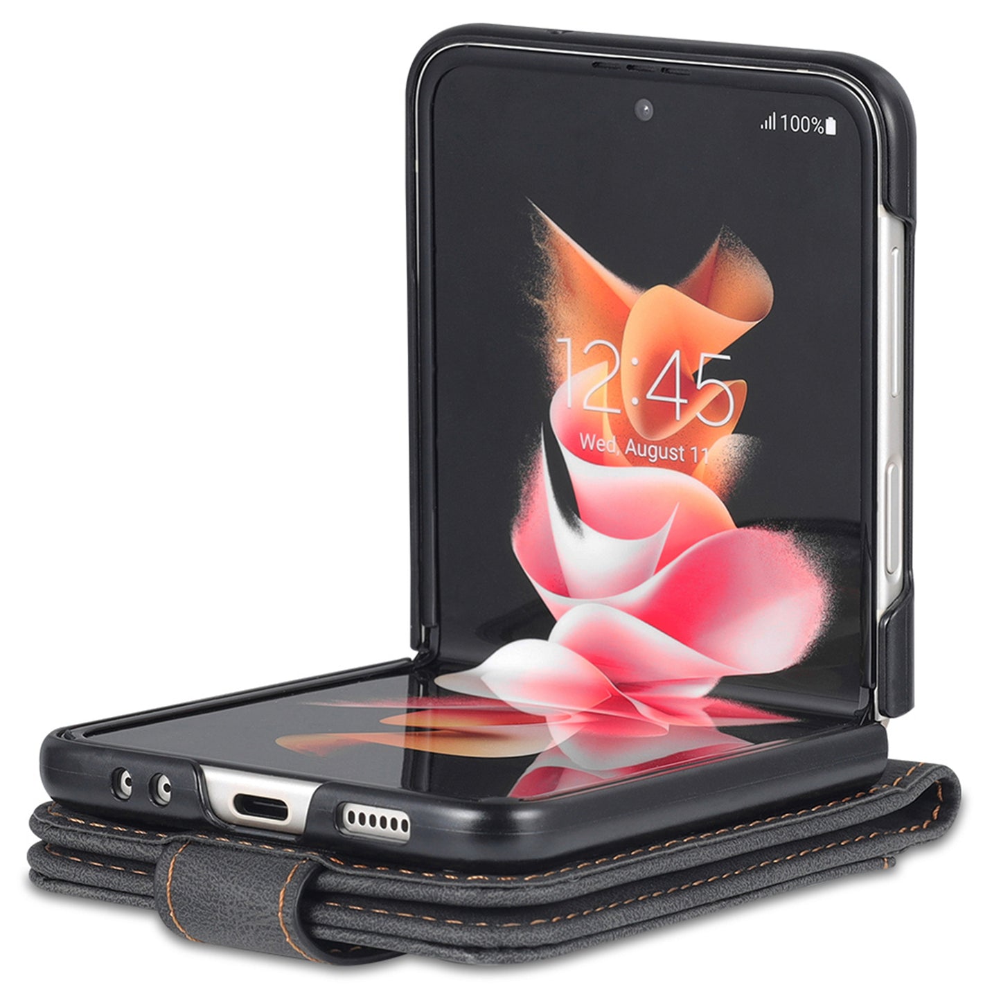 AZNS For Samsung Galaxy Z Flip6 5G Case Card Slots PU Leather Folding Phone Cover - Black