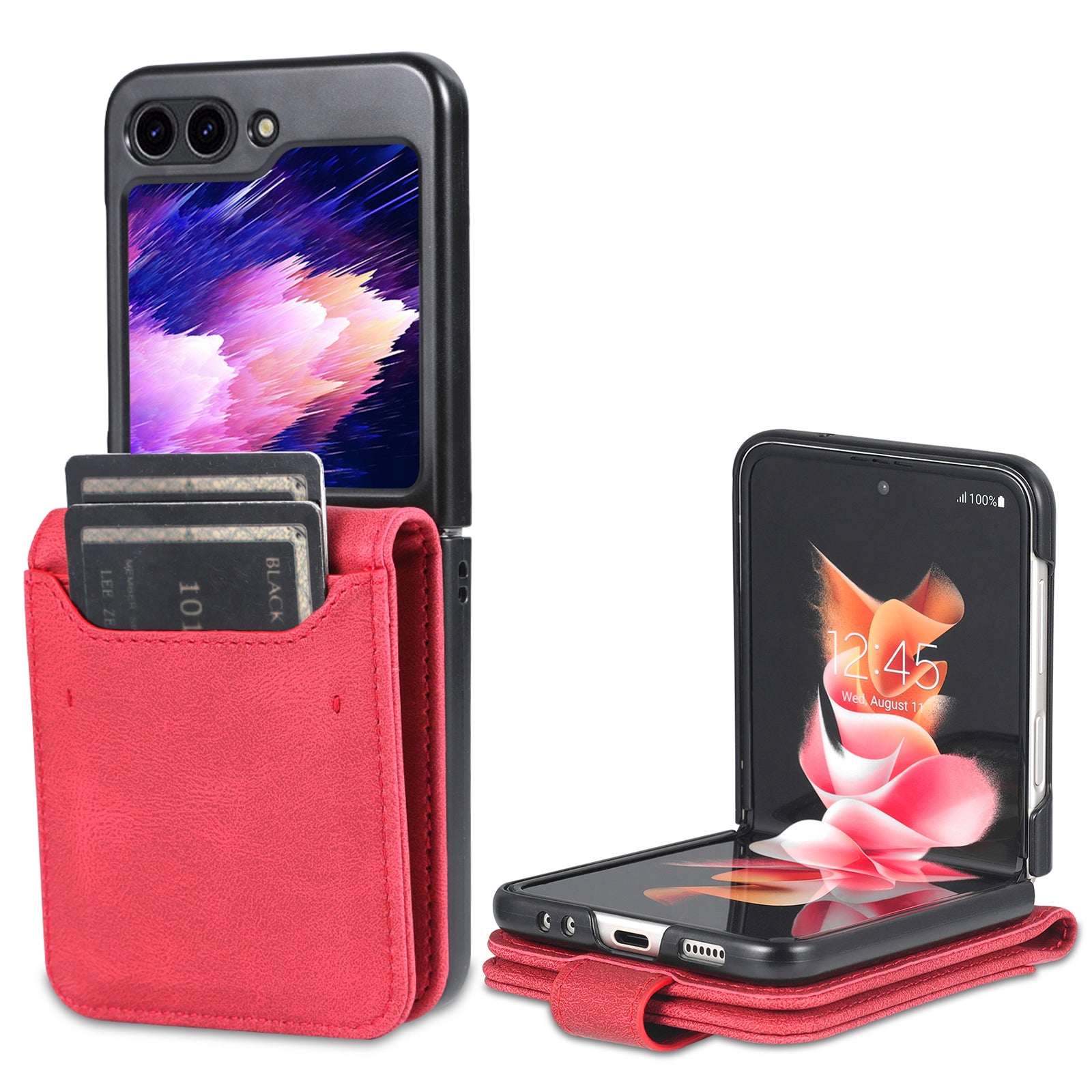 AZNS For Samsung Galaxy Z Flip6 5G Case Card Slots PU Leather Folding Phone Cover - Red