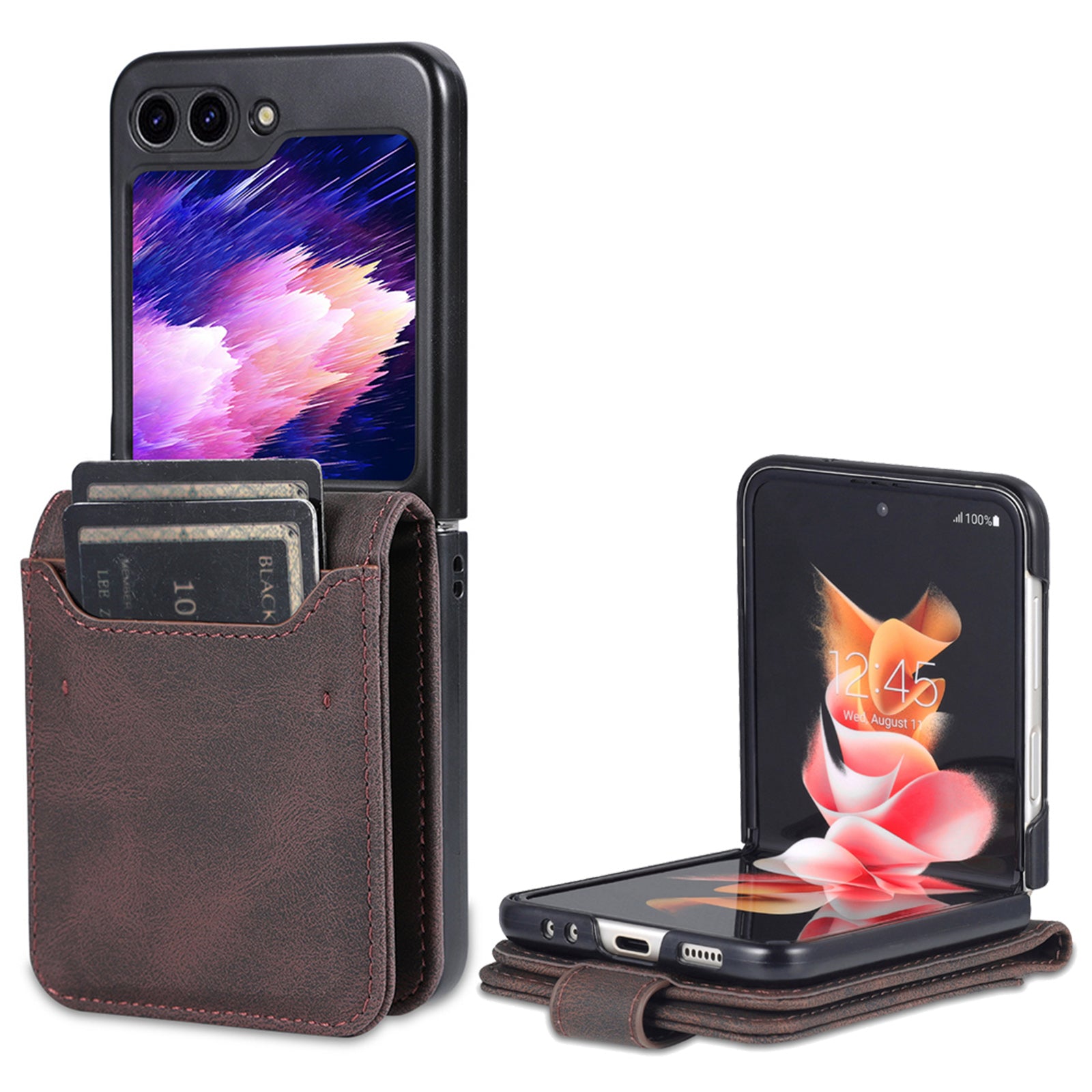 AZNS For Samsung Galaxy Z Flip6 5G Case Card Slots PU Leather Folding Phone Cover - Brown