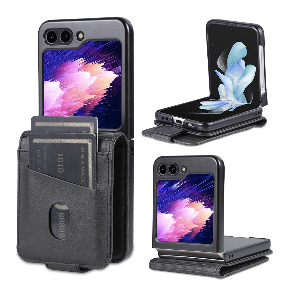 AZNS For Samsung Galaxy Z Flip7 FE 5G / Z Flip6 5G Case Card Holder PU Leather Phone Cover Cowhide Texture - Black