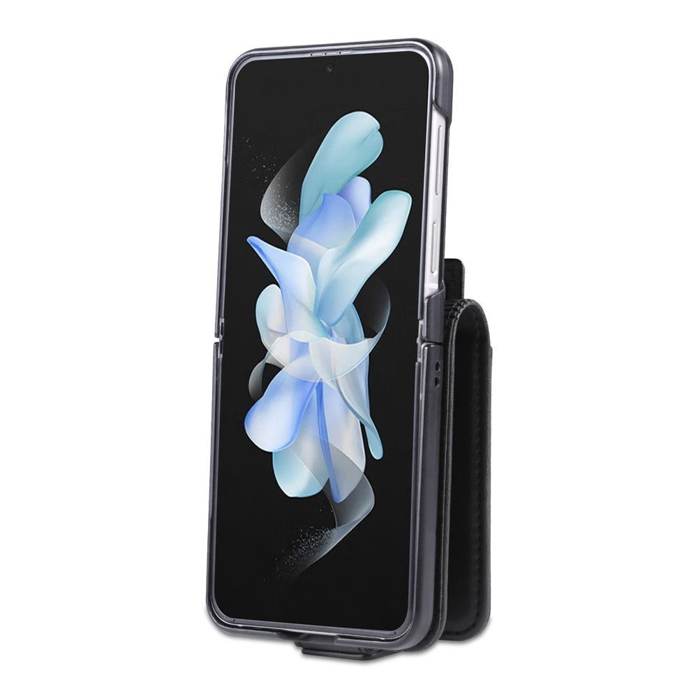 AZNS For Samsung Galaxy Z Flip7 FE 5G / Z Flip6 5G Case Card Holder PU Leather Phone Cover Cowhide Texture - Black