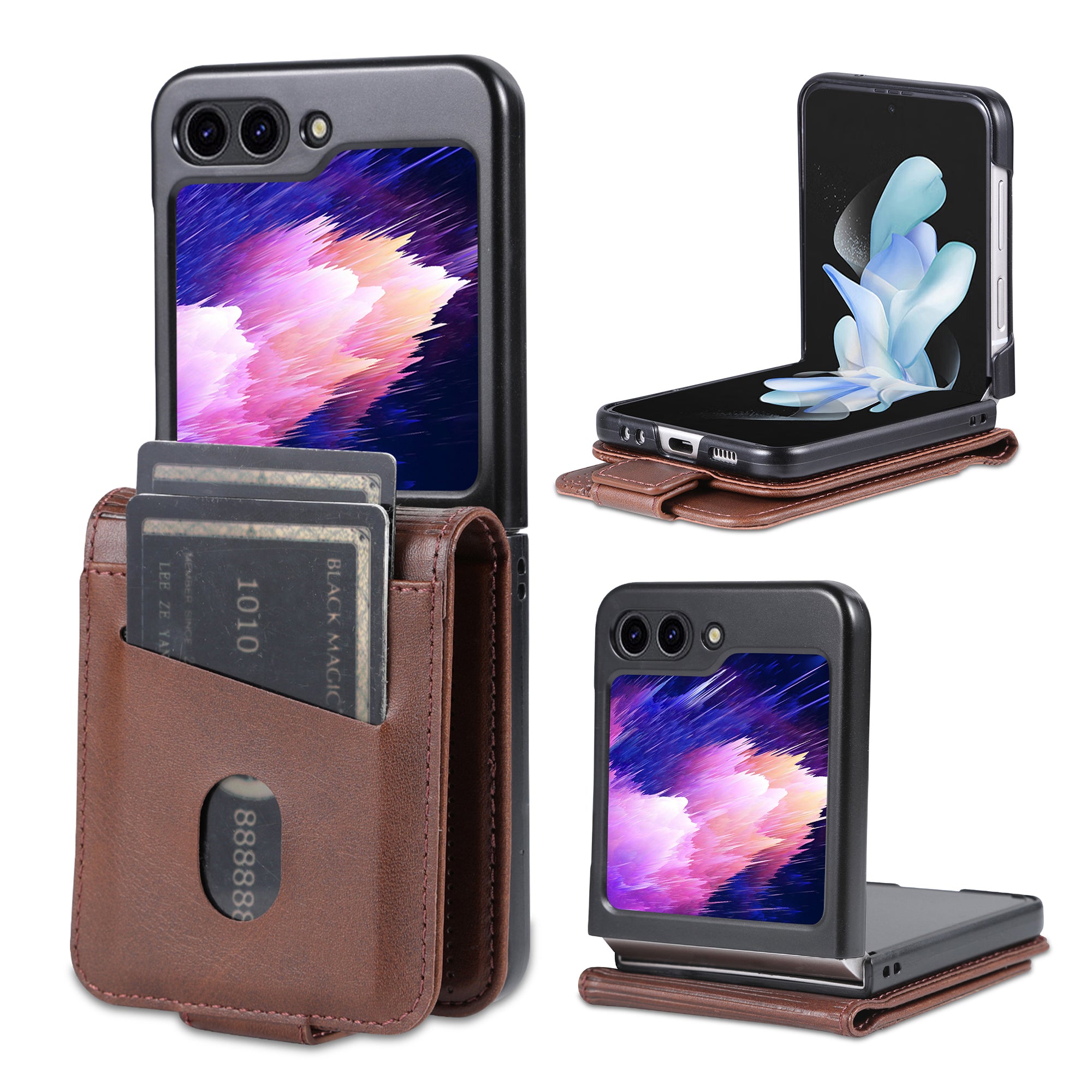 AZNS For Samsung Galaxy Z Flip6 5G Case Card Holder PU Leather Phone Cover Cowhide Texture - Coffee