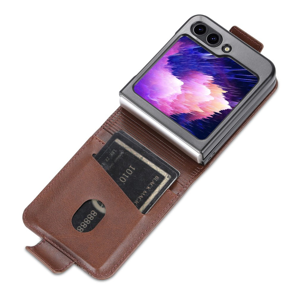 AZNS For Samsung Galaxy Z Flip7 FE 5G / Z Flip6 5G Case Card Holder PU Leather Phone Cover Cowhide Texture - Coffee