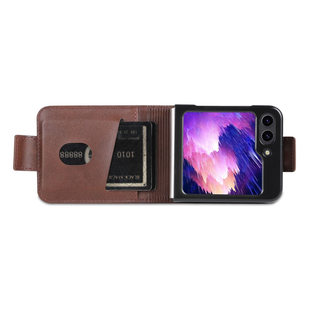 AZNS For Samsung Galaxy Z Flip7 FE 5G / Z Flip6 5G Case Card Holder PU Leather Phone Cover Cowhide Texture - Coffee